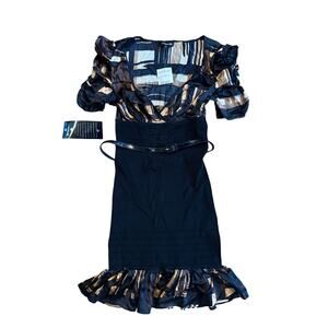 NWT Bebe Vintage Y2K Black and Tan V Neck Silk and Body Con Dress w/belt M